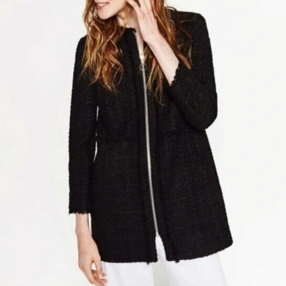 Zara Women's Tweed Fringe Full Zip Jacket, Black, XS, NWOT